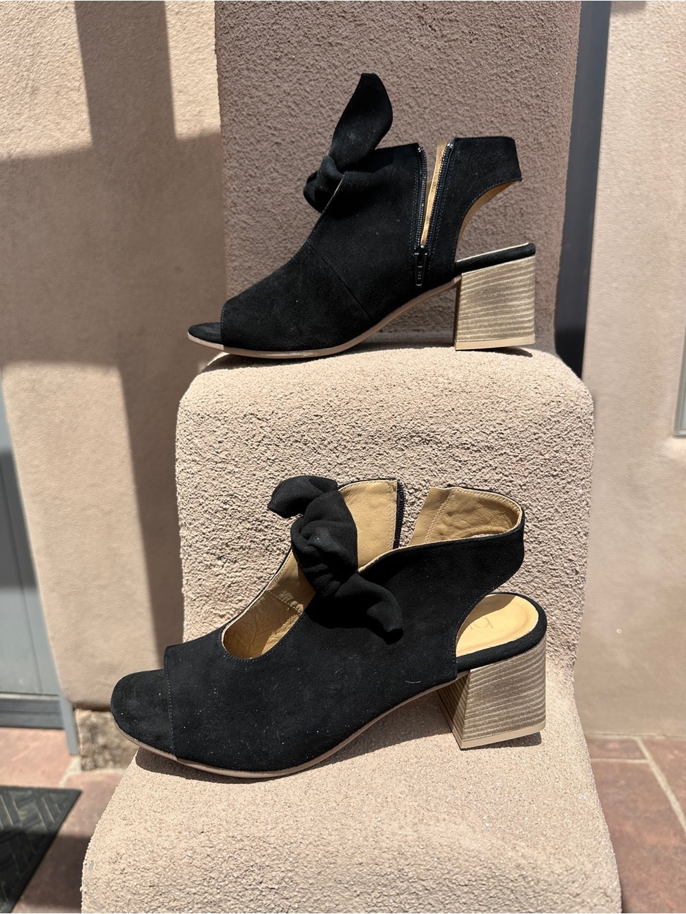 Ellie Black Suede Peep-Toe Block Heels with Bow